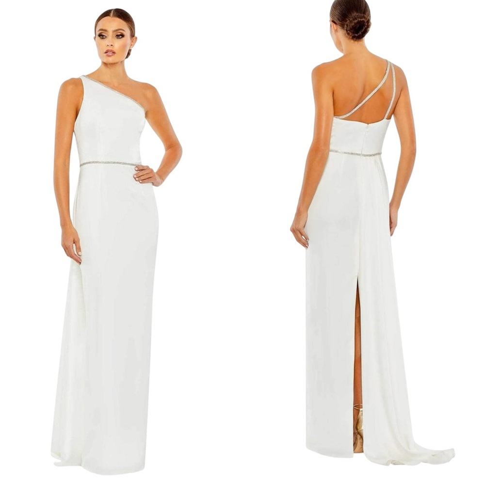 Mac Duggal One-Shoulder White Evening Gown with Beaded Waist